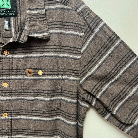 Hippy Tree Med Brown Mens Horizontal Striped Flannel Button Long Sleeve Shirt - Picture 2 of 6
